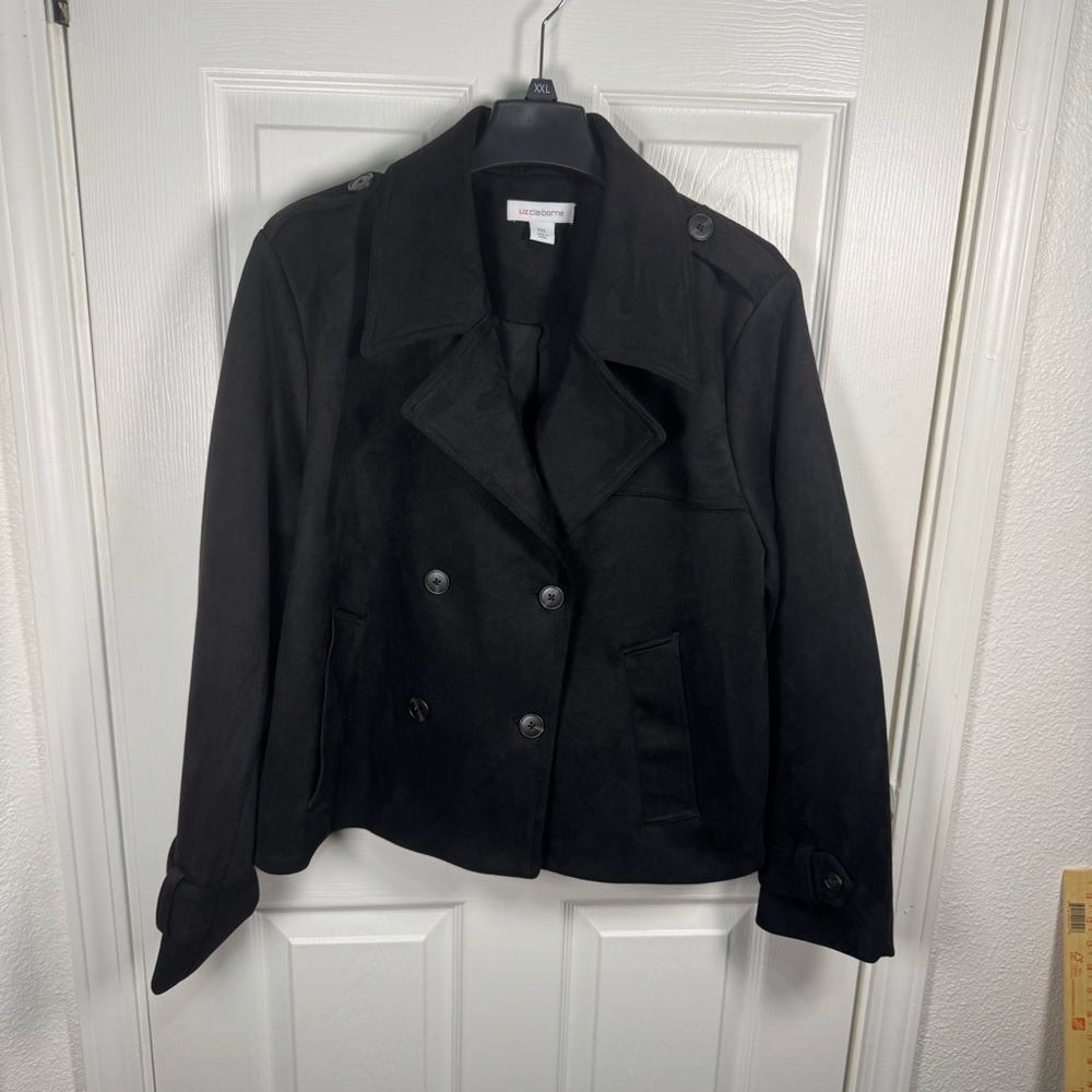 Liz Claiborne Women's Black Suede Button Down Coat Cropped